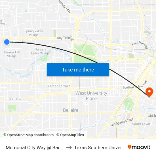 Memorial City Way @ Barryknoll Ln to Texas Southern University REC map