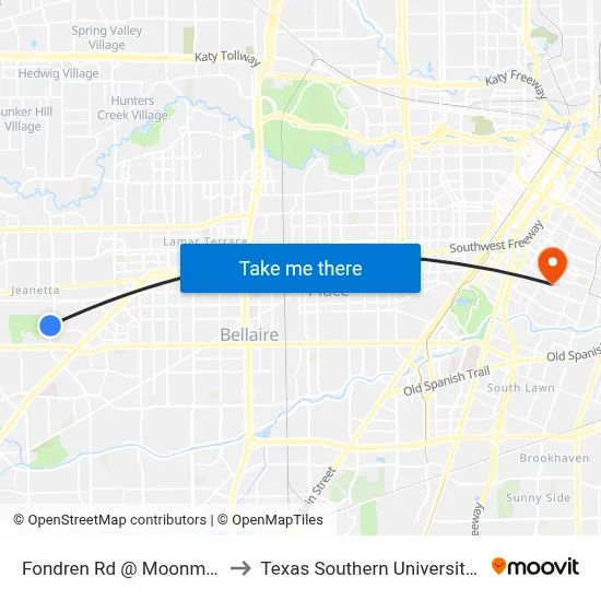 Fondren Rd @ Moonmist Dr to Texas Southern University REC map