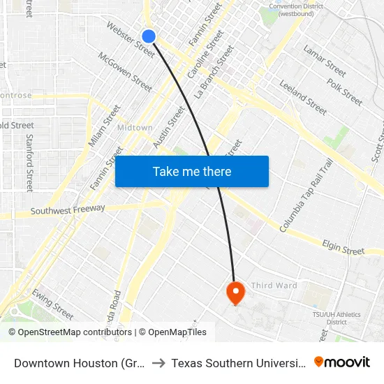 Downtown Houston (Gray St.) to Texas Southern University REC map