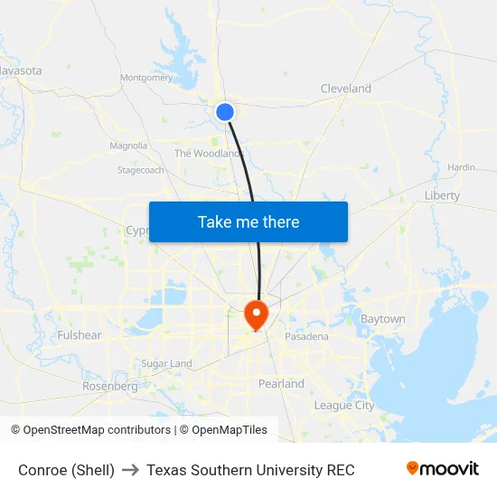 Conroe (Shell) to Texas Southern University REC map