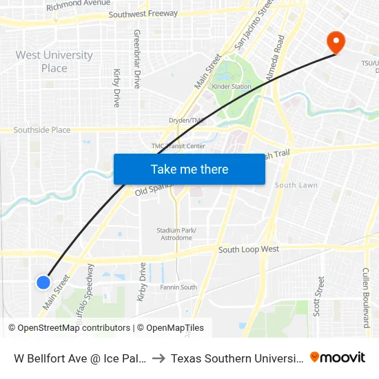 W Bellfort Ave @ Ice Palace Dr to Texas Southern University REC map