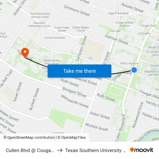 Cullen Blvd @ Cougar Pl to Texas Southern University REC map