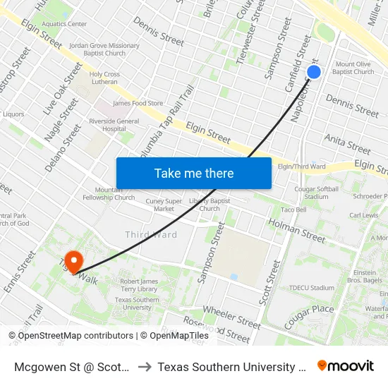 Mcgowen St @ Scott St to Texas Southern University REC map