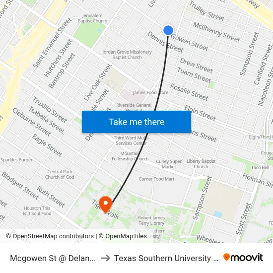 Mcgowen St @ Delano St to Texas Southern University REC map
