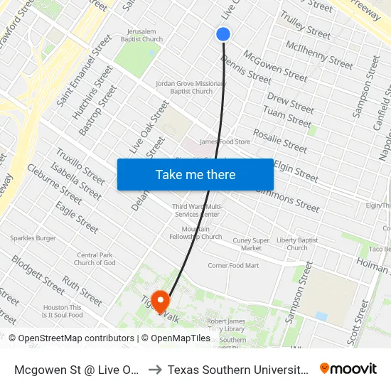 Mcgowen St @ Live Oak St to Texas Southern University REC map