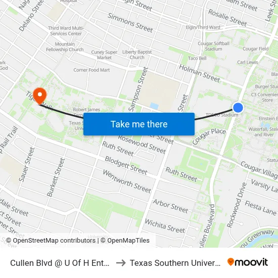 Cullen Blvd @ U Of H Entrance 14 to Texas Southern University REC map