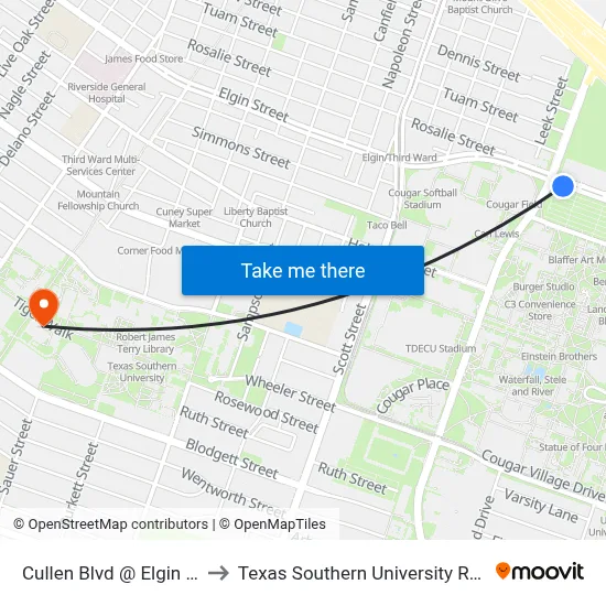 Cullen Blvd @ Elgin St to Texas Southern University REC map