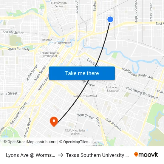 Lyons Ave @ Worms St to Texas Southern University REC map