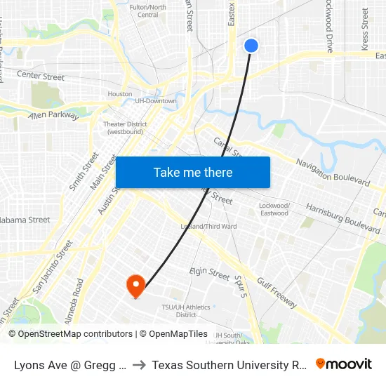 Lyons Ave @ Gregg St to Texas Southern University REC map
