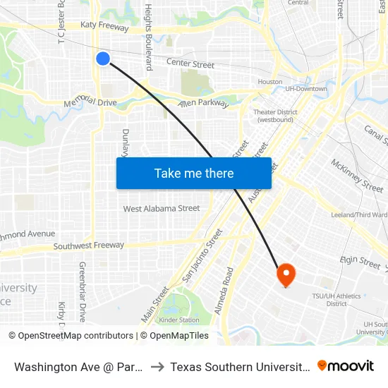 Washington Ave @ Parker St to Texas Southern University REC map