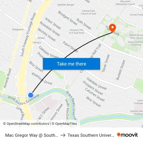 Mac Gregor Way @ South Freeway to Texas Southern University REC map