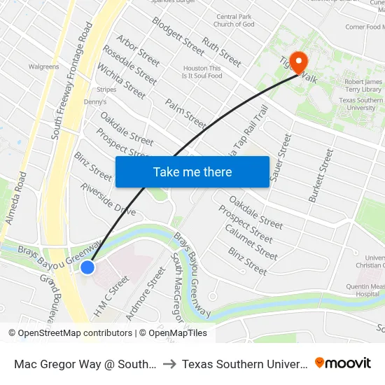 Mac Gregor Way @ South Freeway to Texas Southern University REC map