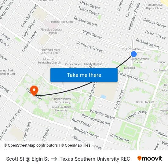 Scott St @ Elgin St to Texas Southern University REC map
