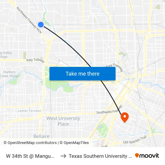 W 34th St @ Mangum Rd to Texas Southern University REC map
