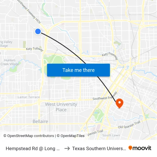 Hempstead Rd @ Long Point Rd to Texas Southern University REC map