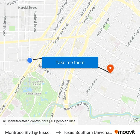 Montrose Blvd @ Bissonnet St to Texas Southern University REC map