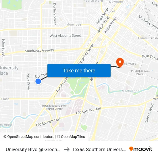 University Blvd @ Greenbriar Dr to Texas Southern University REC map