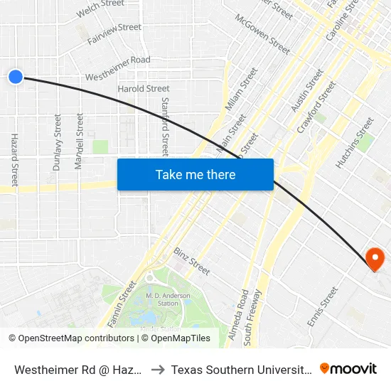 Westheimer Rd @ Hazard St to Texas Southern University REC map