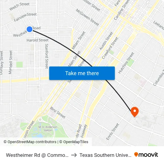 Westheimer Rd @ Commonwealth St to Texas Southern University REC map