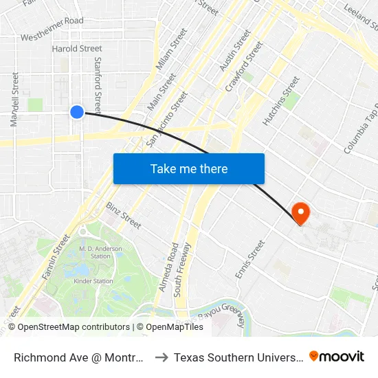 Richmond Ave @ Montrose Blvd to Texas Southern University REC map