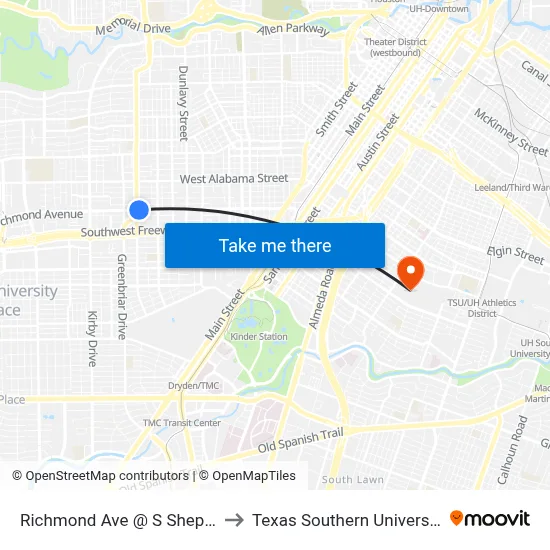 Richmond Ave @ S Shepherd Dr to Texas Southern University REC map