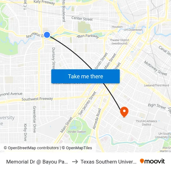 Memorial Dr @ Bayou Park Village to Texas Southern University REC map