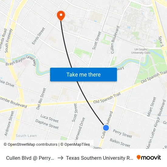Cullen Blvd @ Perry St to Texas Southern University REC map