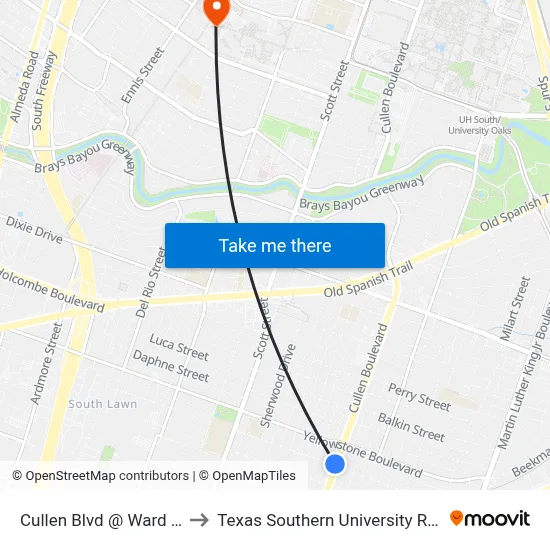 Cullen Blvd @ Ward St to Texas Southern University REC map