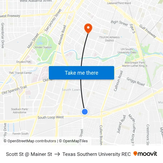 Scott St @ Mainer St to Texas Southern University REC map