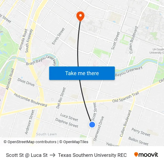 Scott St @ Luca St to Texas Southern University REC map