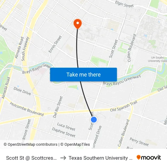 Scott St @ Scottcrest Dr to Texas Southern University REC map