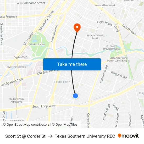 Scott St @ Corder St to Texas Southern University REC map
