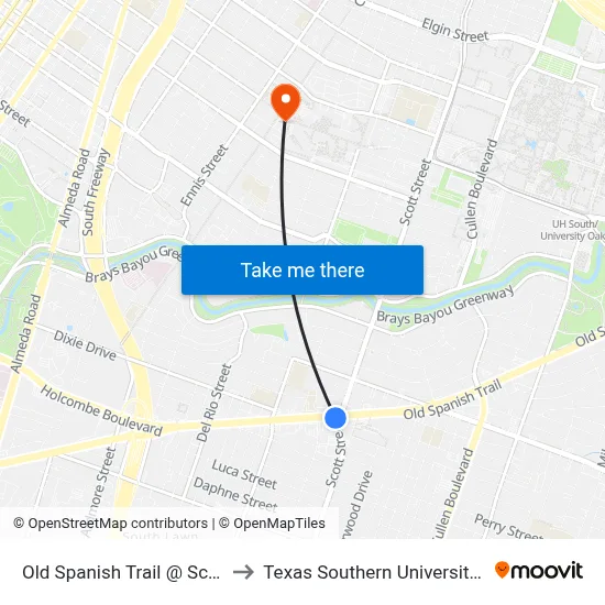 Old Spanish Trail @ Scott St to Texas Southern University REC map