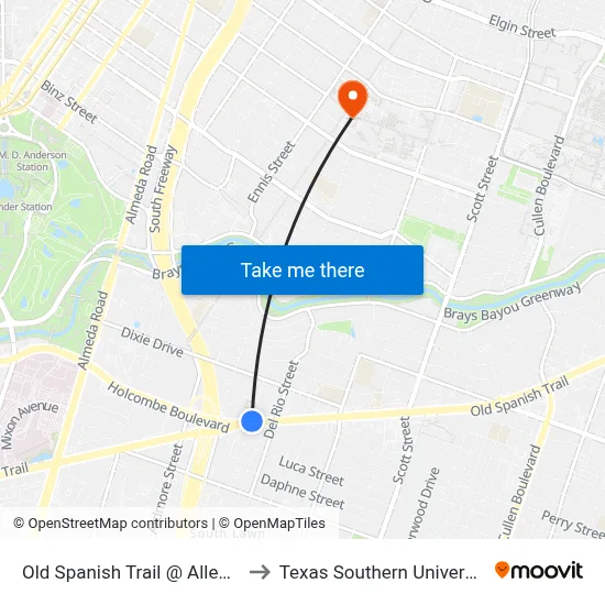 Old Spanish Trail @ Allegheny St to Texas Southern University REC map
