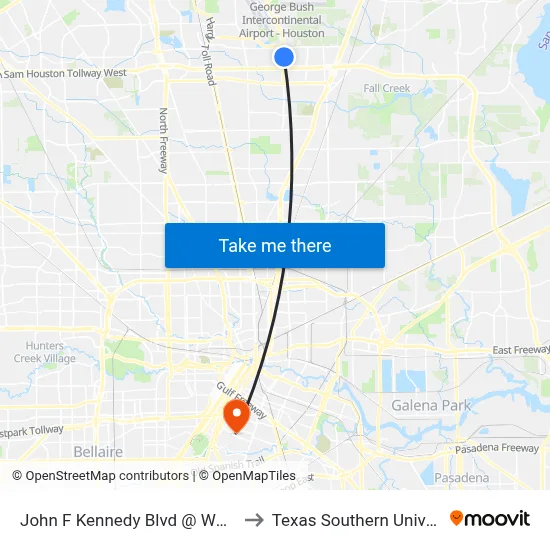 John F Kennedy Blvd @ World Houston to Texas Southern University REC map