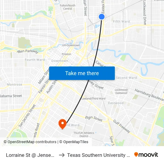 Lorraine St @ Jensen Dr to Texas Southern University REC map