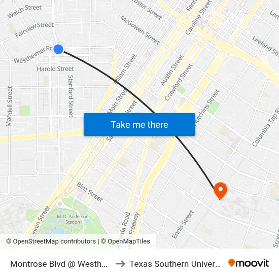 Montrose Blvd @ Westheimer Rd to Texas Southern University REC map