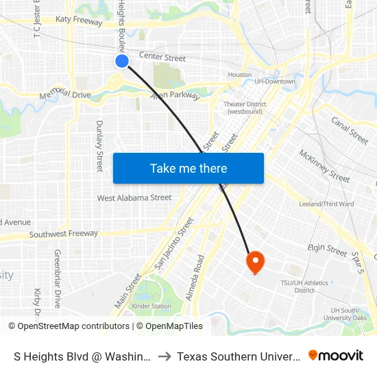 S Heights Blvd @ Washington Ave to Texas Southern University REC map