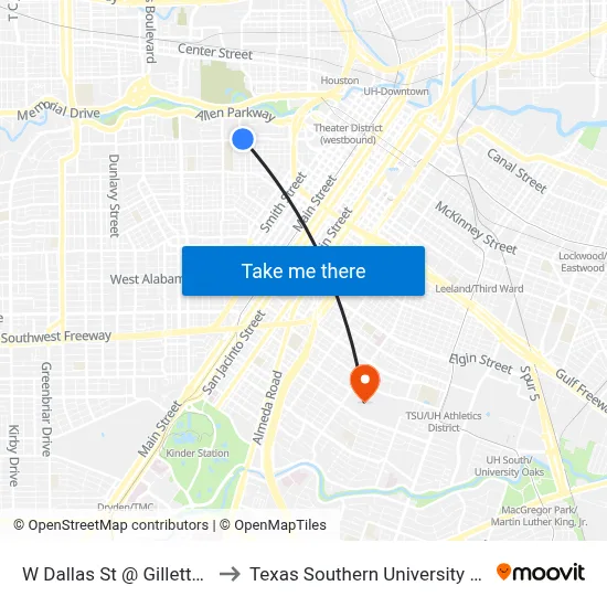 W Dallas St @ Gillette St to Texas Southern University REC map