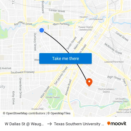 W Dallas St @ Waugh Dr to Texas Southern University REC map