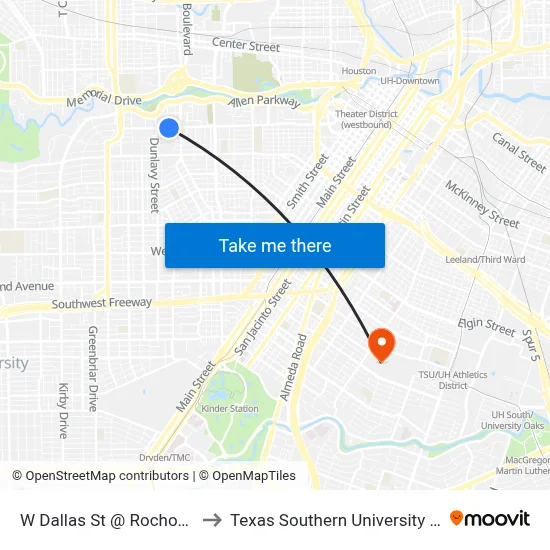 W Dallas St @ Rochow St to Texas Southern University REC map
