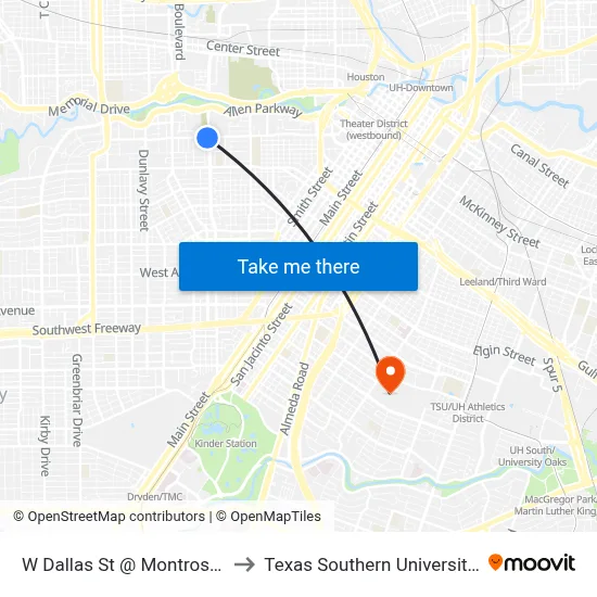 W Dallas St @ Montrose Blvd to Texas Southern University REC map