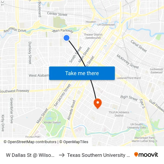 W Dallas St @ Wilson St to Texas Southern University REC map