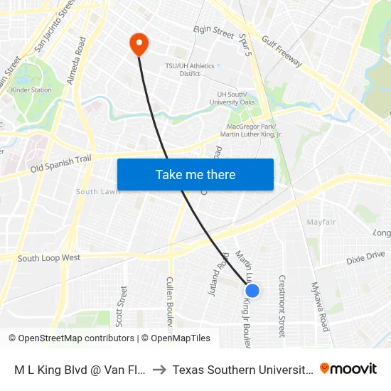 M L King Blvd @ Van Fleet St to Texas Southern University REC map