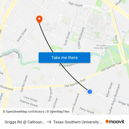 Griggs Rd @ Calhoun Rd to Texas Southern University REC map