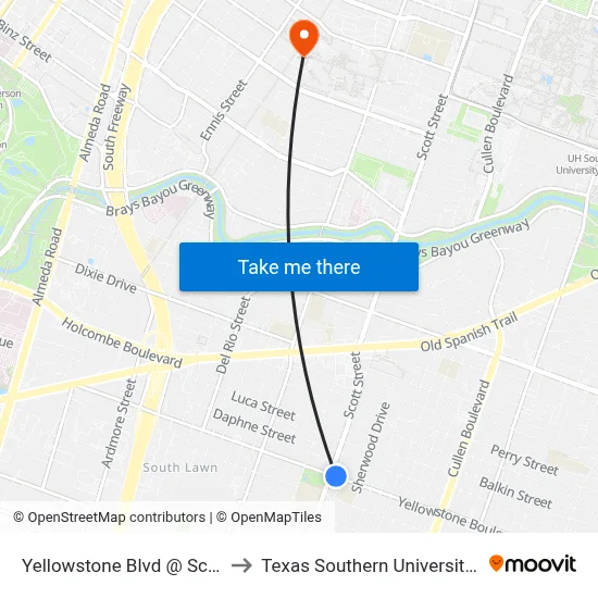 Yellowstone Blvd @ Scott St to Texas Southern University REC map