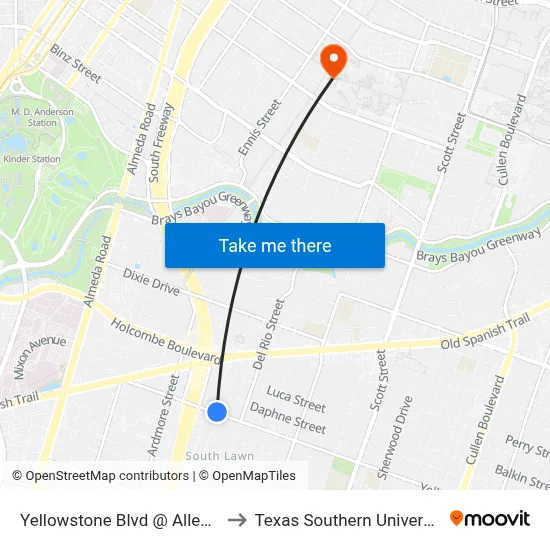 Yellowstone Blvd @ Allegheny St to Texas Southern University REC map