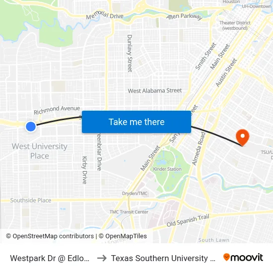 Westpark Dr @ Edloe St to Texas Southern University REC map