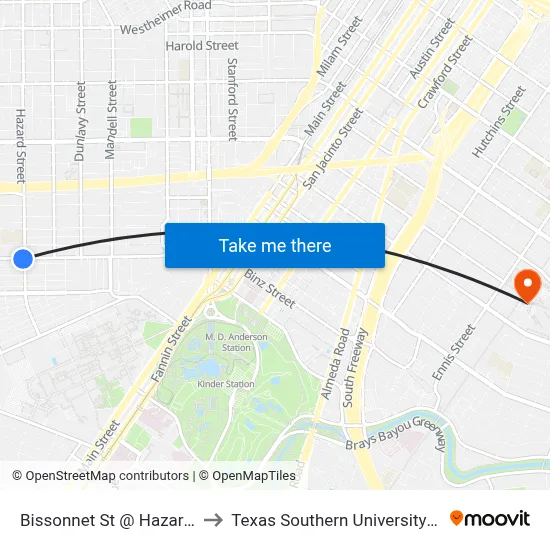 Bissonnet St @ Hazard St to Texas Southern University REC map