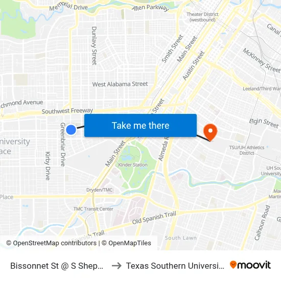 Bissonnet St @ S Shepherd Dr to Texas Southern University REC map